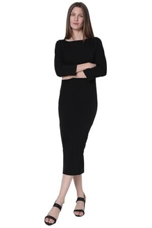Women's Polyester Blend Bodycon Midi Dress - Black