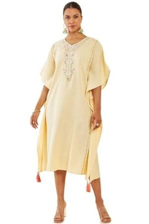 Women Light Yellow Rayon Slub Floral Embroidered Kaftan with Tassels and Crochet Lace