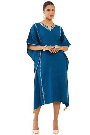 Women Teal Rayon Slub Floral Embroidered Kaftan with Crochet Lace and Tassels