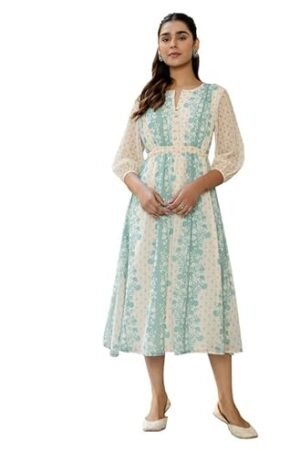 Janasya Women's Dobby Georgette Floral Flared Midi Dress