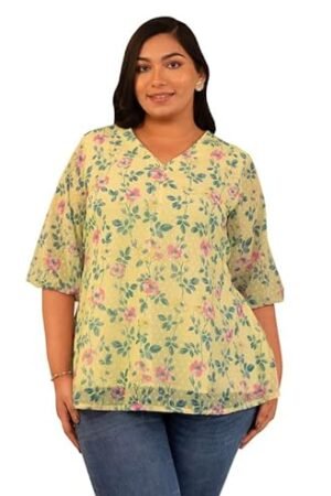 Janasya Women's Plus Size White Dobby Georgette Floral Panelled Top
