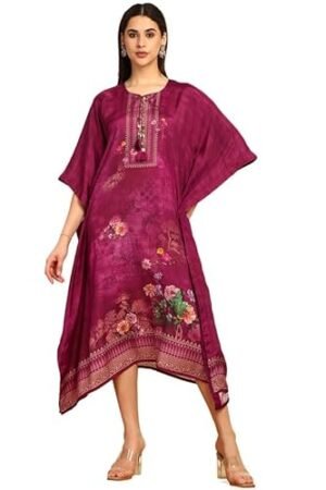 Womens Wine Floral Printed Muslin Kaftan with Tassels