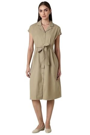 Women Khaki Solid Knee Length Casual Dress