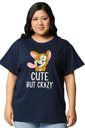 Boof Official Tom & Jerry Merchandise Women's Graphic Printed Boyfriend Fit Half Sleeve Round Neck Cotton Jersey Plus Size T-Shirt