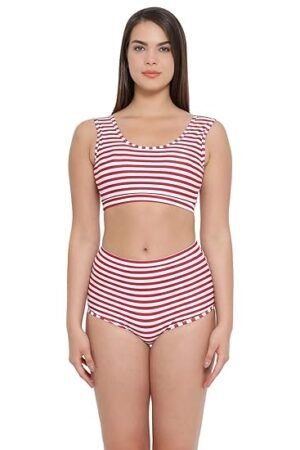 Via Women's Striped Padded Tank Top with High Waist Bottom Swimsuit