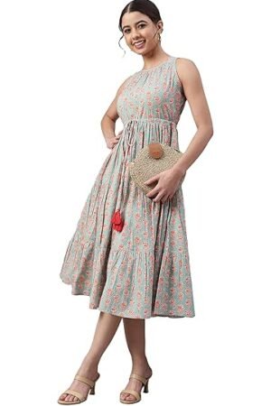 Janasya Women's Mint Green Cotton Floral Block Print Tiered Midi Dress