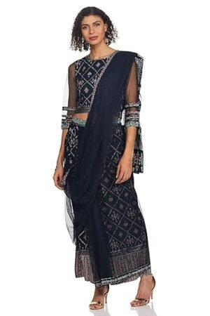 Women Viscose Blue Printed Round Neck Top Set