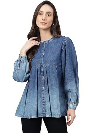 Janasya Women's Blue Denim Faded Flared Top