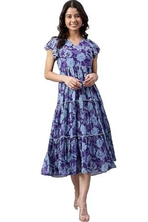 Janasya Women's Georgette Printed Flared Midi Western Dress