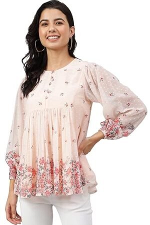 Janasya Women's Peach Georgette Floral Print Flared Top
