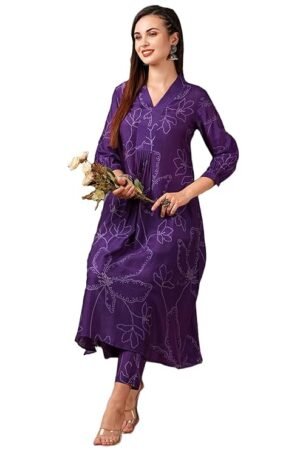 GoSriKi Women's Rayon Blend A-Line Printed Kurta with Pant