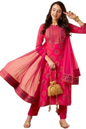 LOVISTA Womens Printed Rayon Bandhani Print Floral Embroidered Kurta Pant and Dupatta Set for Women