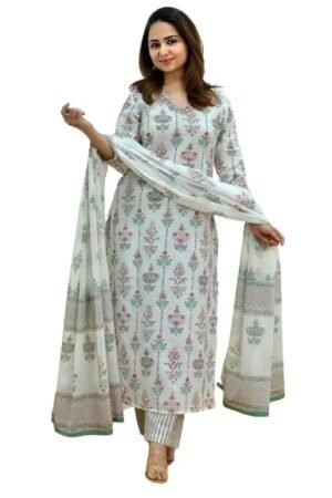 Pinkmint Women's Printed V Neck Kurta and Pant Set with Dupatta